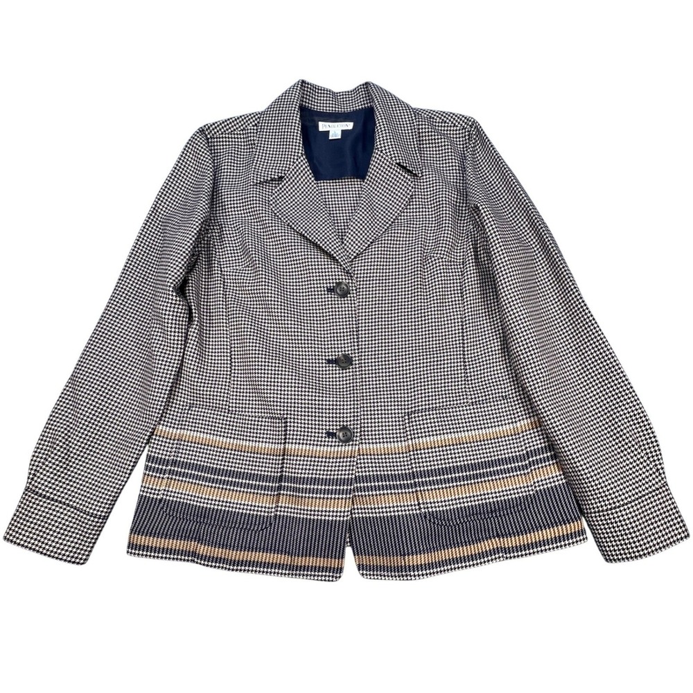 Pendleton Blue Houndstooth Striped Hem Wool Blazer Jacket Women Large